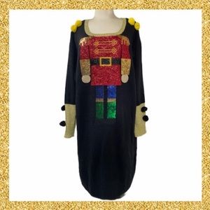 Christmas Dress Luxury Holiday Sweater Dress Nutcrackers Ornaments Sequins Gold